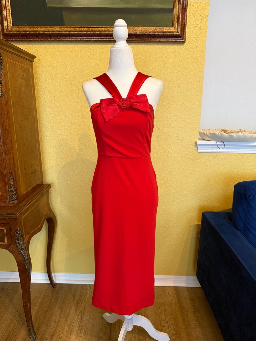 Express Red Sleeveless Midi Dress with Bow Detail